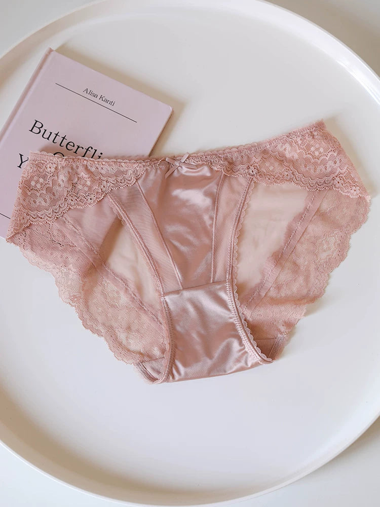 French-Inspired Satin Panties with Delicate Mesh and Lace Trim