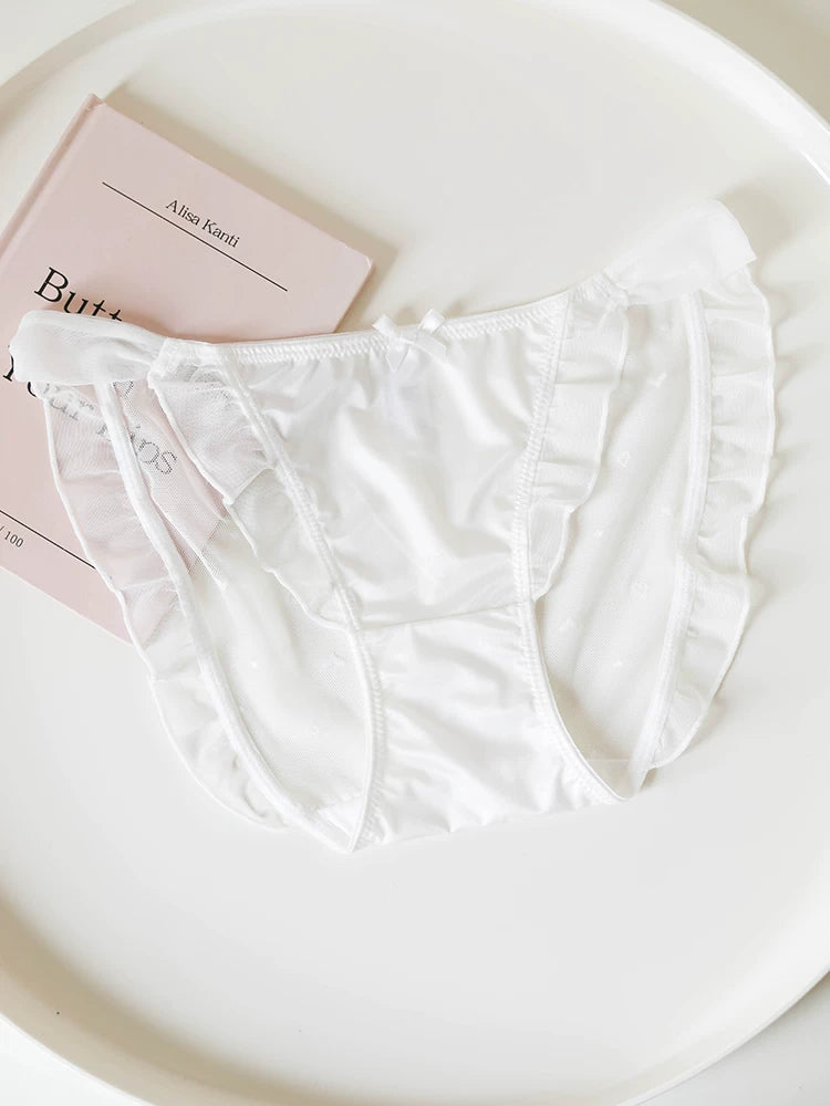 French-Inspired Low-Waist Mesh Satin Panties with Ruffle Lace Trim