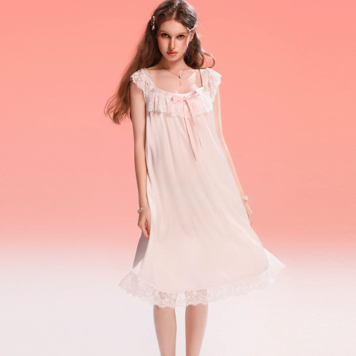 French-Inspired Vintage Camisole Nightgown with Lace Trim and Alluring Slit