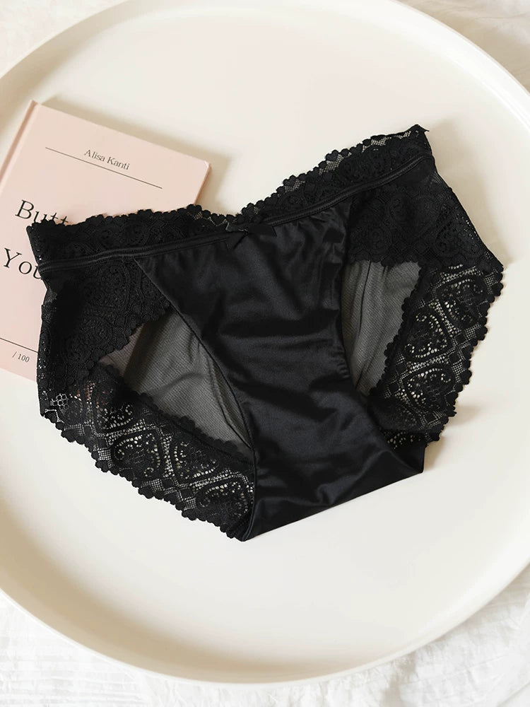 French-Inspired Vintage Satin Panties with Bow and Lace Trim