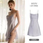 Women's Spaghetti Strap Slit Nightgown with Backless Design