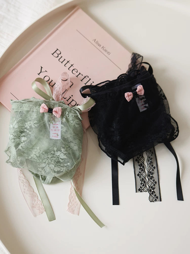 French-Inspired Low-Waist Sheer Mesh Panties with Ribbon Bow and Lace Trim