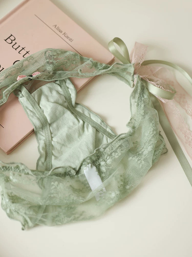 French-Inspired Low-Waist Sheer Mesh Panties with Ribbon Bow and Lace Trim
