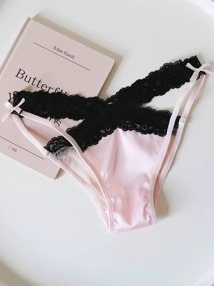 Women's Cross-Cut Hollow Mesh Panties with Lace Trim