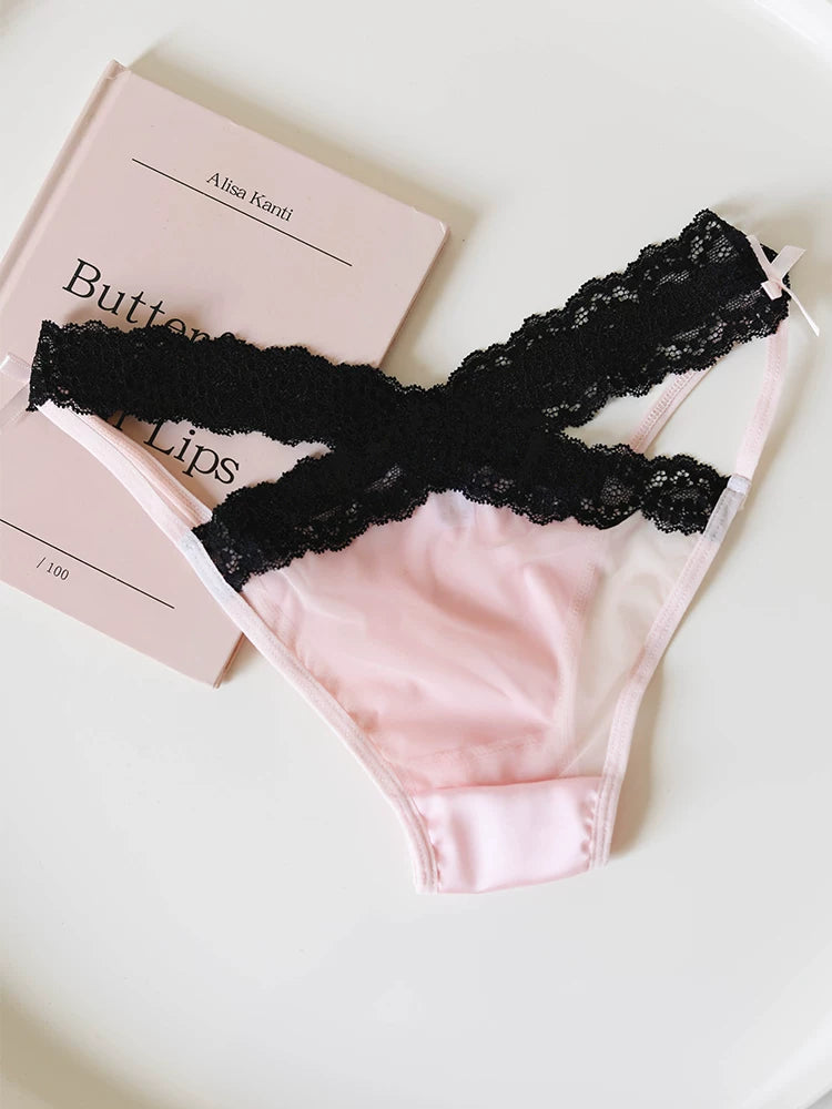 Women's Cross-Cut Hollow Mesh Panties with Lace Trim