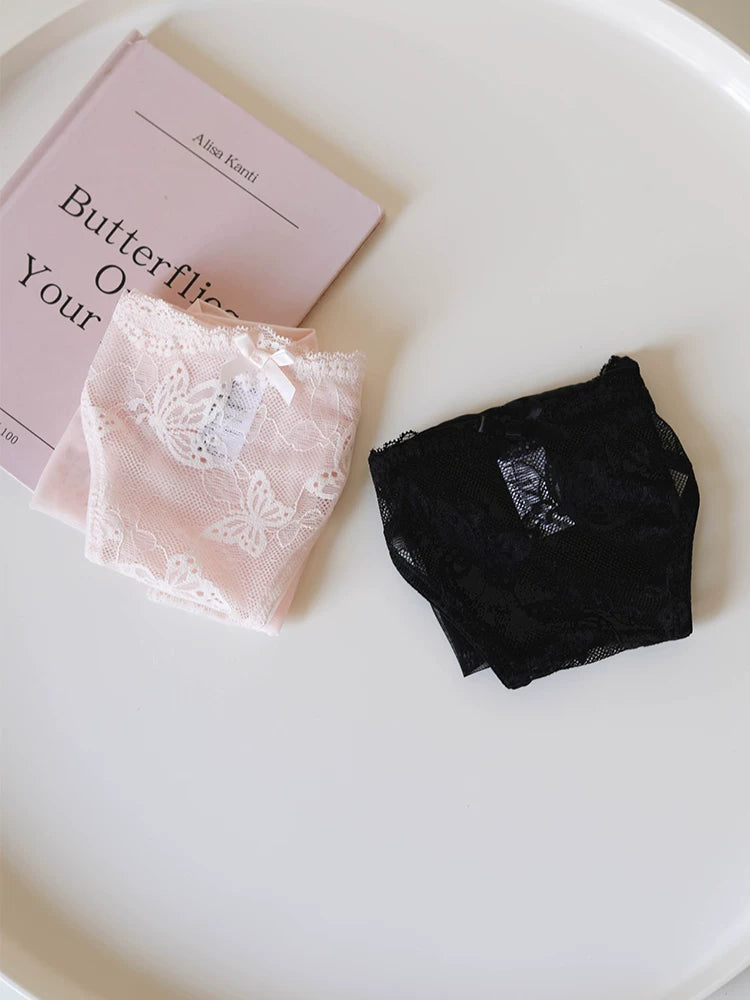 Vintage Mesh Panties with Butterfly Embroidery and Lace Trim