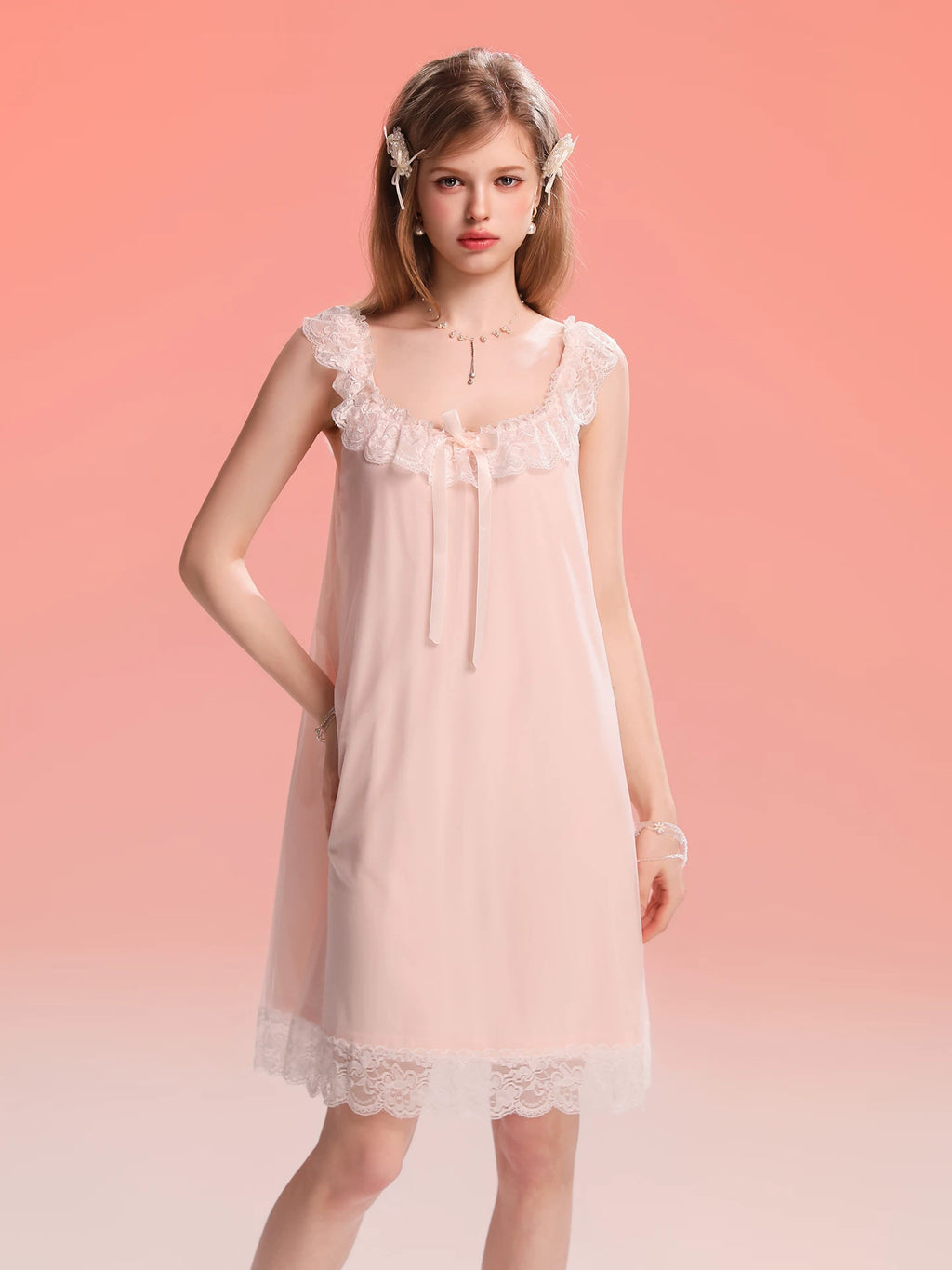 French-Inspired Vintage Camisole Nightgown with Lace Trim and Alluring Slit