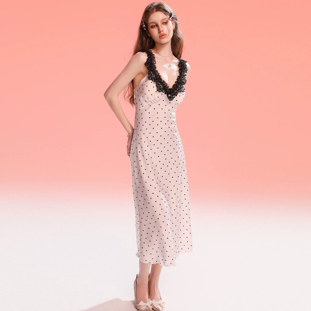Women's Lace Trim Ice Silk Nightgown with Heart Pattern