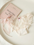 French-Inspired Low-Waist Sheer Mesh Panties with Ribbon Bow and Lace Trim