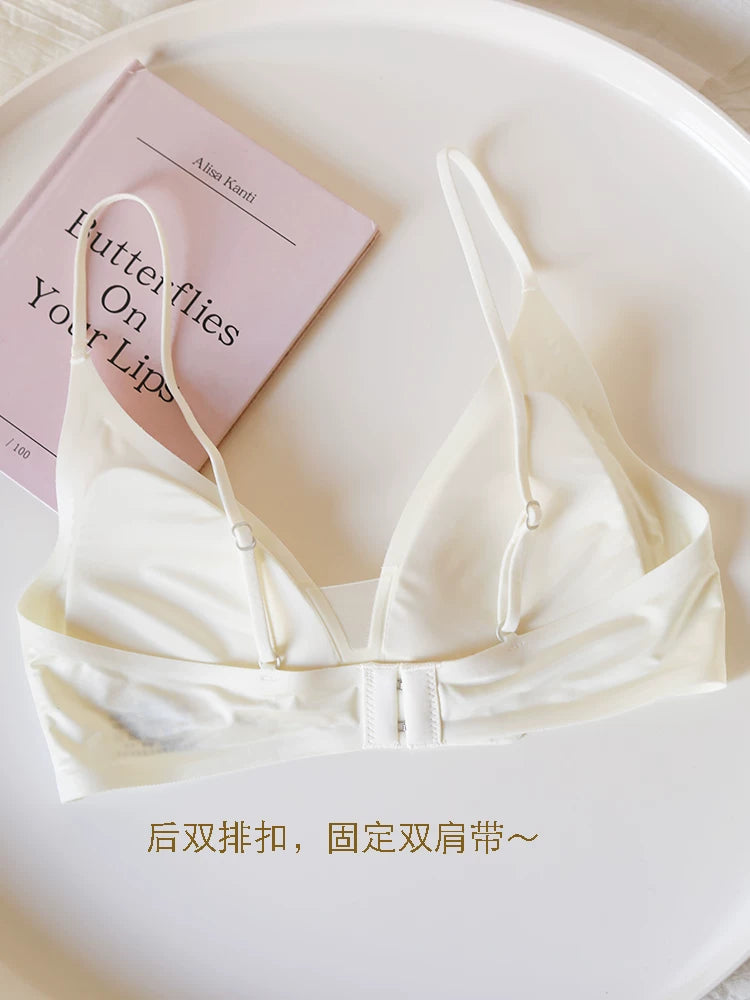 Seamless Lightweight Satin Deep V Triangle Cup Wireless Bra with Thin Straps