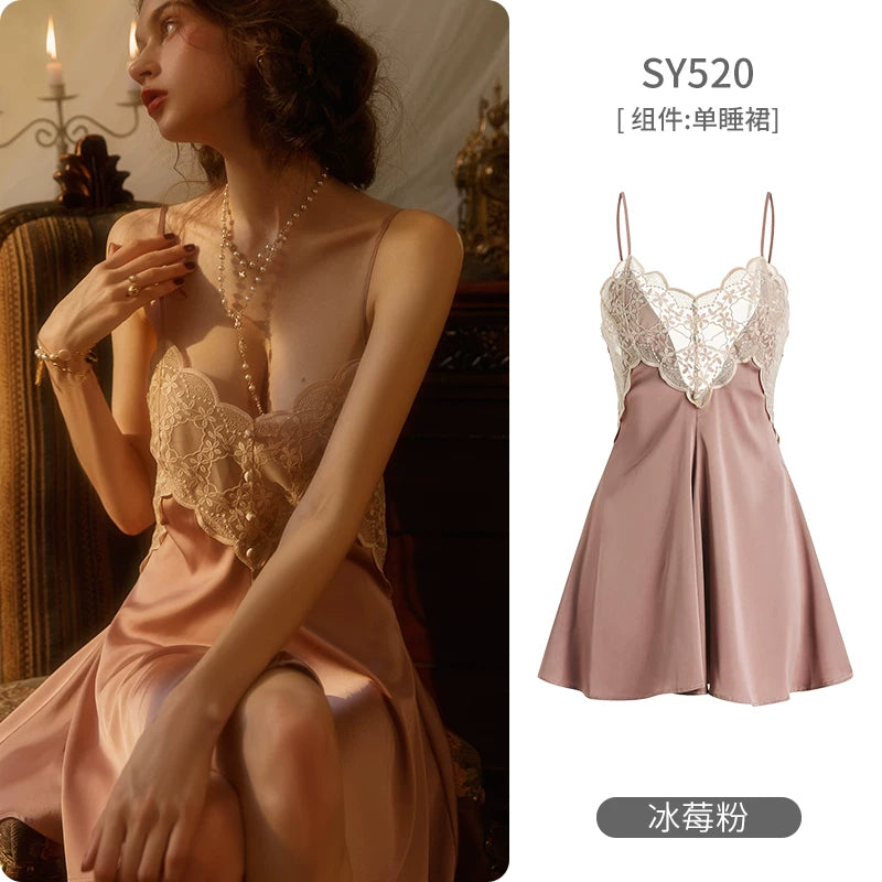Women's Spaghetti Strap Slit Nightgown with Backless Design