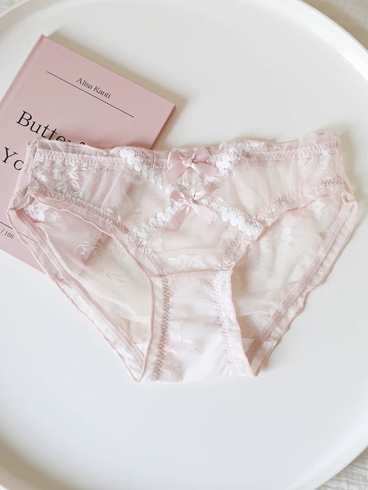 French-Inspired Vintage Mesh Panties with Double Bow and Lace Trim
