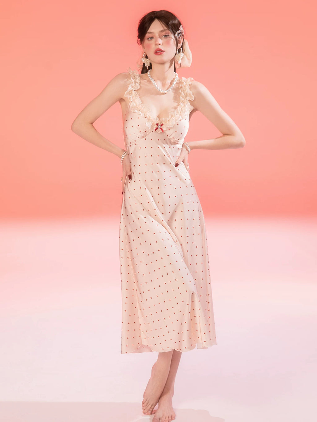 Women's French-Inspired Polka Dot Nightdress with Lace Trim