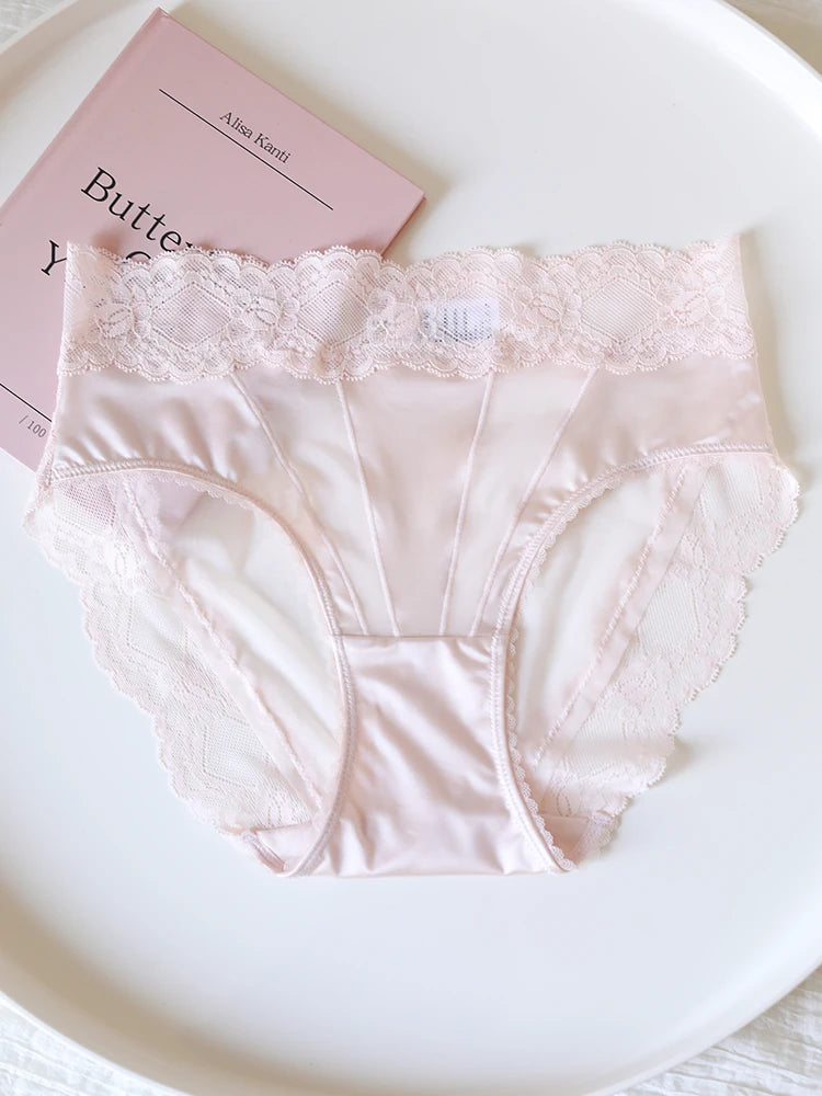 Luxurious Mid-Waist Transparent Mesh Panties with Lace Trim and Cotton Crotch