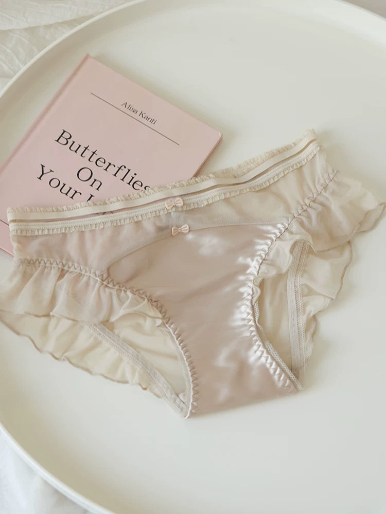French-Inspired Vintage Bow-Knot Satin Panties with Mesh and Lace Trim
