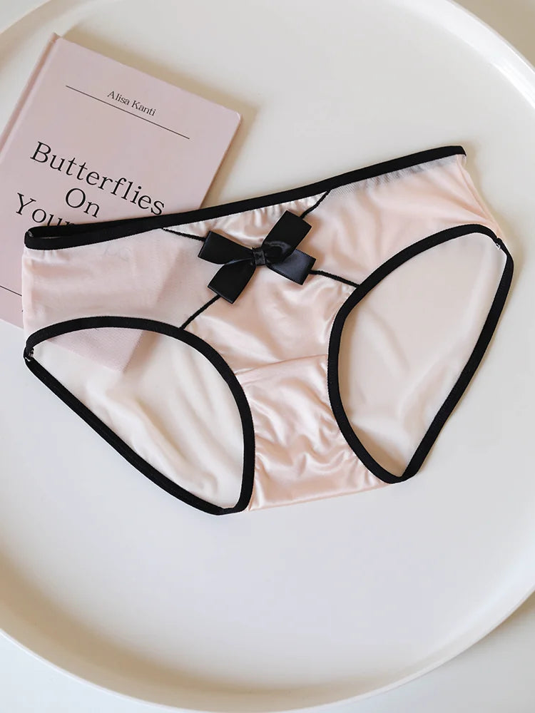 French-Inspired Vintage Mesh Panties with Bow and Lace Trim