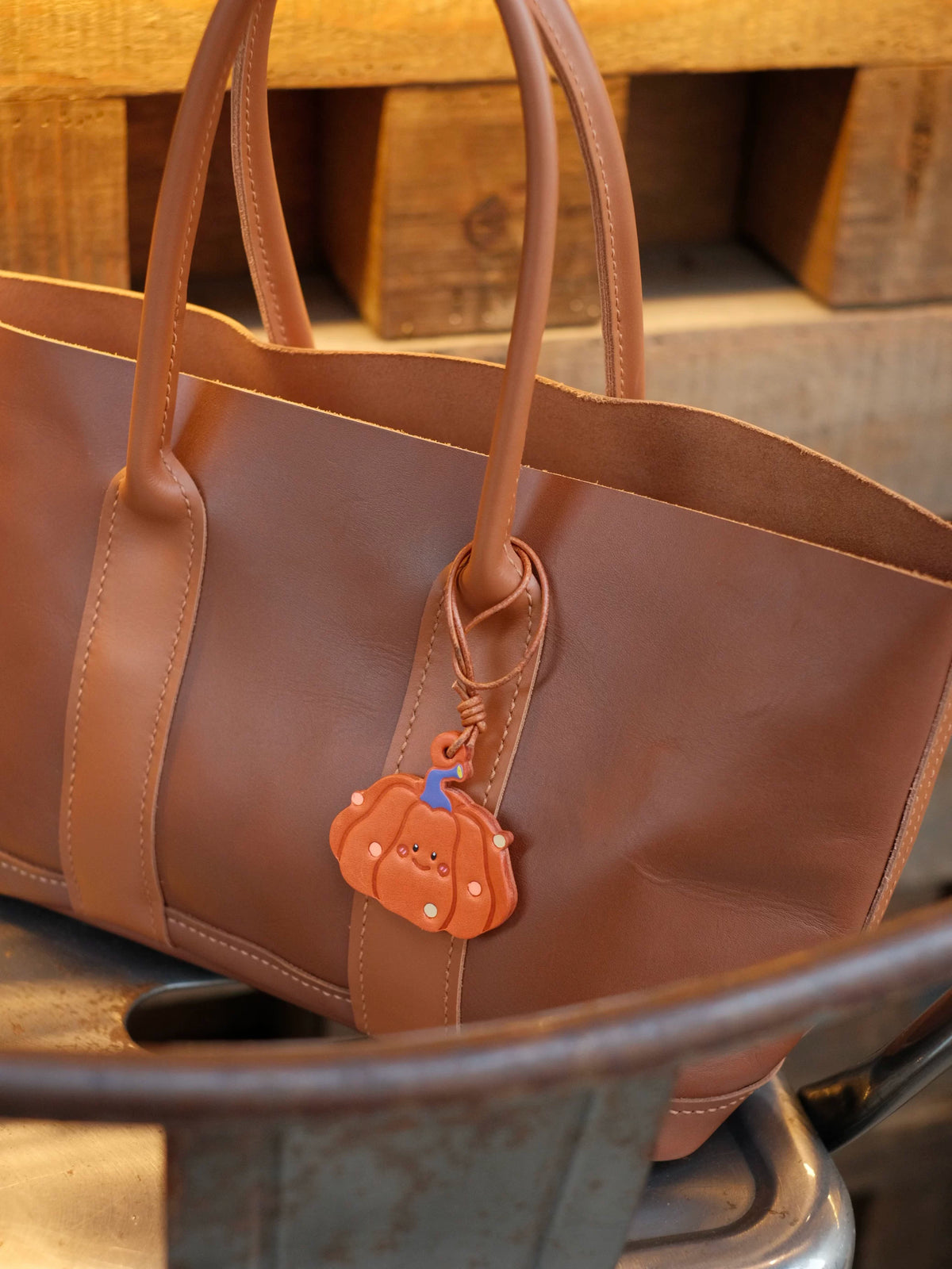Cute Handmade Cowhide Leather Halloween Pumpkin Keychain Accessory
