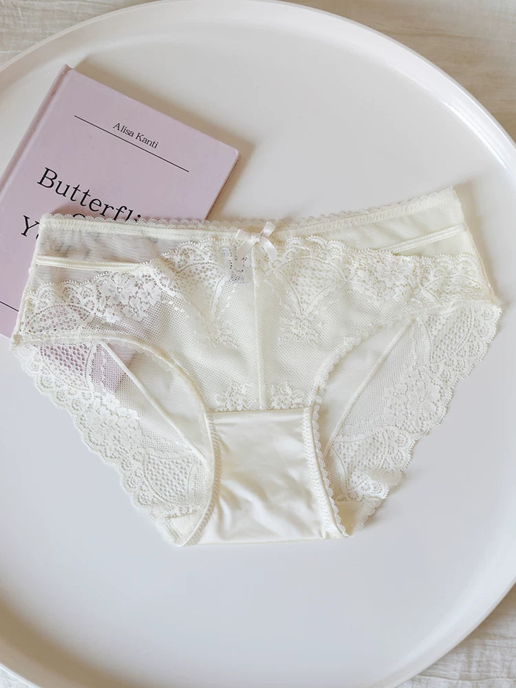 French-Inspired Floral Panties with Bow Embroidery and Lace Trim