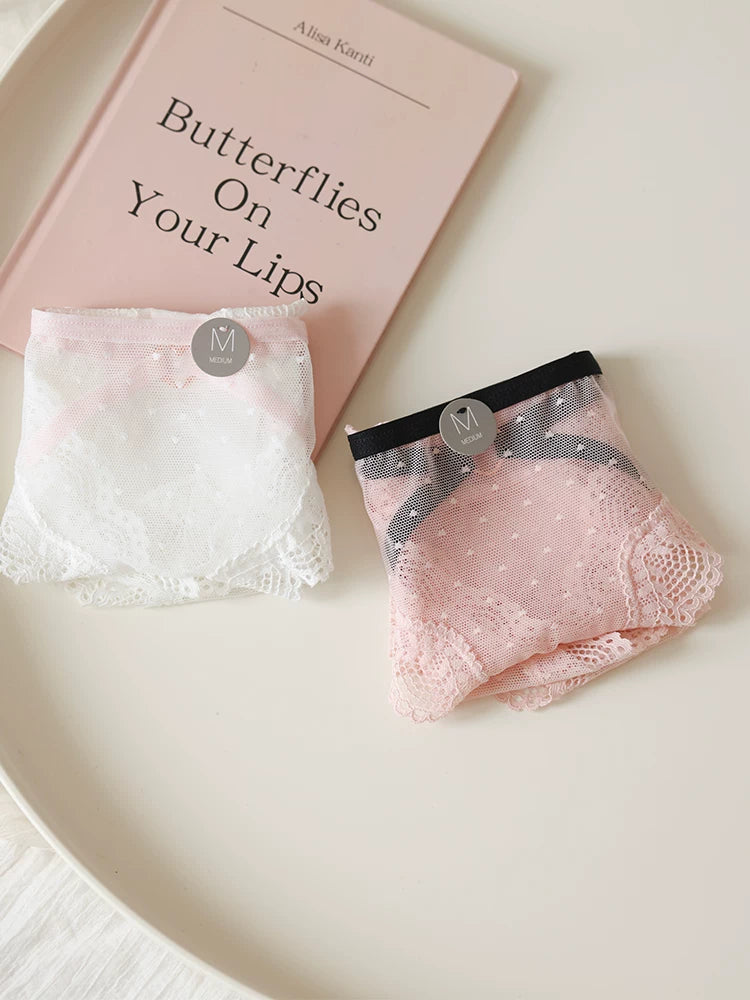 French-Style Lace Panties with Heart Cutout and Mesh Trim