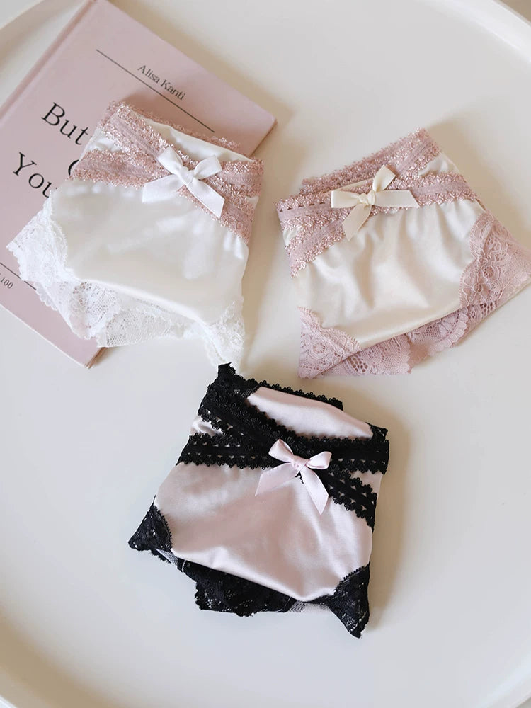 French-Inspired Vintage Color-Blocked Satin Panties with Bow and Lace Trim
