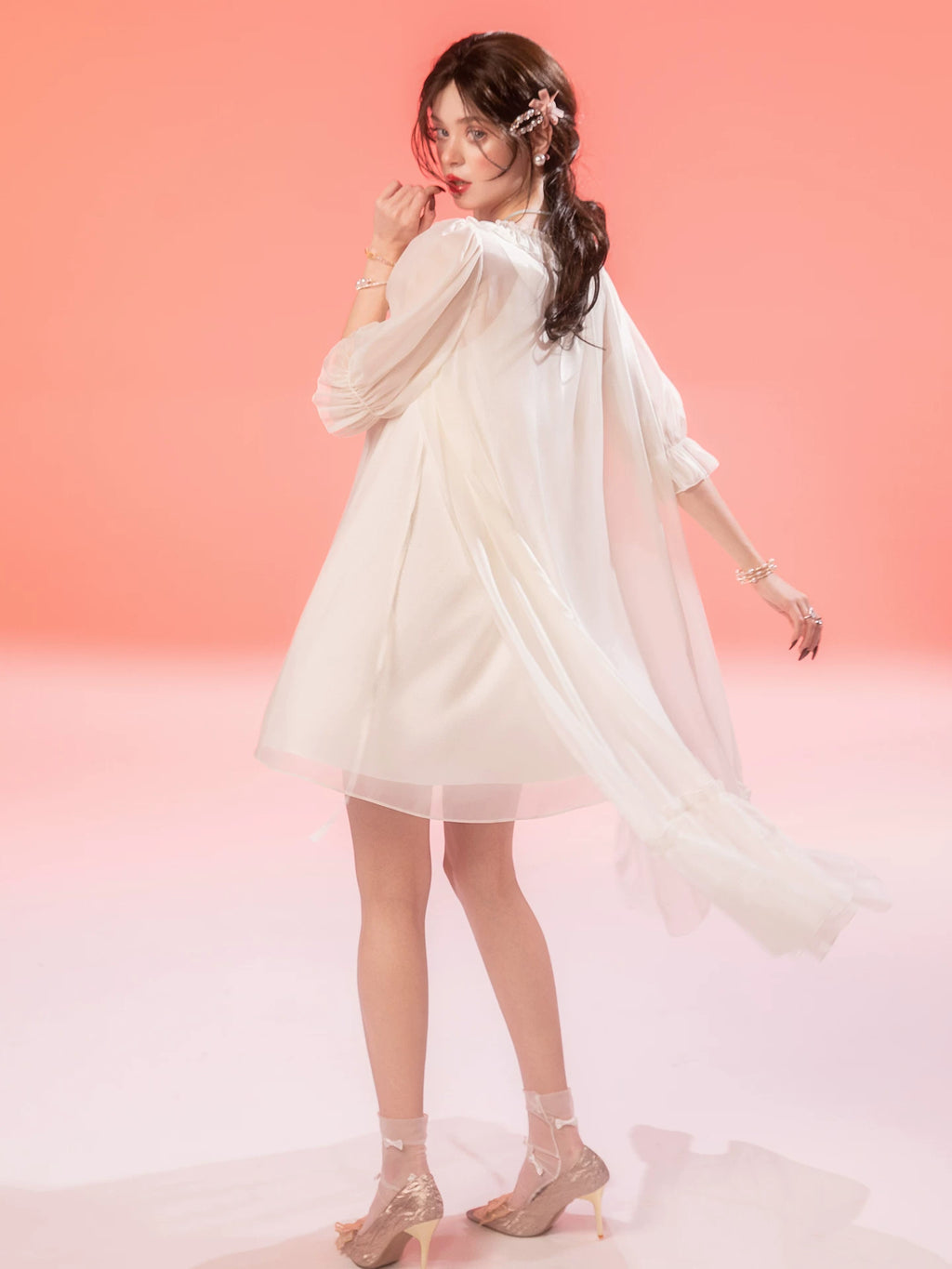 French-Inspired Vintage Mesh Nightgown with Doll Collar and Gauze Trim