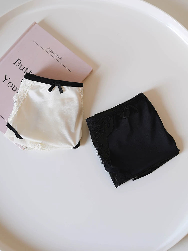 French-Inspired Contrasting Lace Panties with Bow and Pure Cotton Crotch