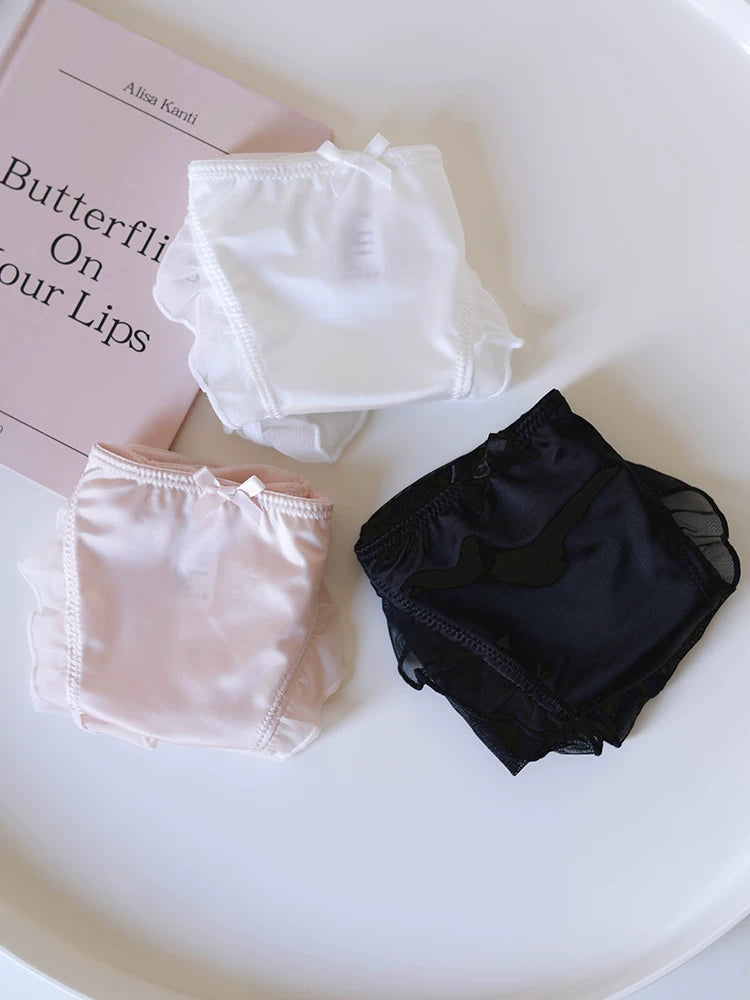 French-Inspired Low-Waist Mesh Satin Panties with Ruffle Lace Trim