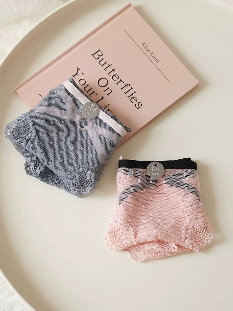 French-Style Lace Panties with Heart Cutout and Mesh Trim