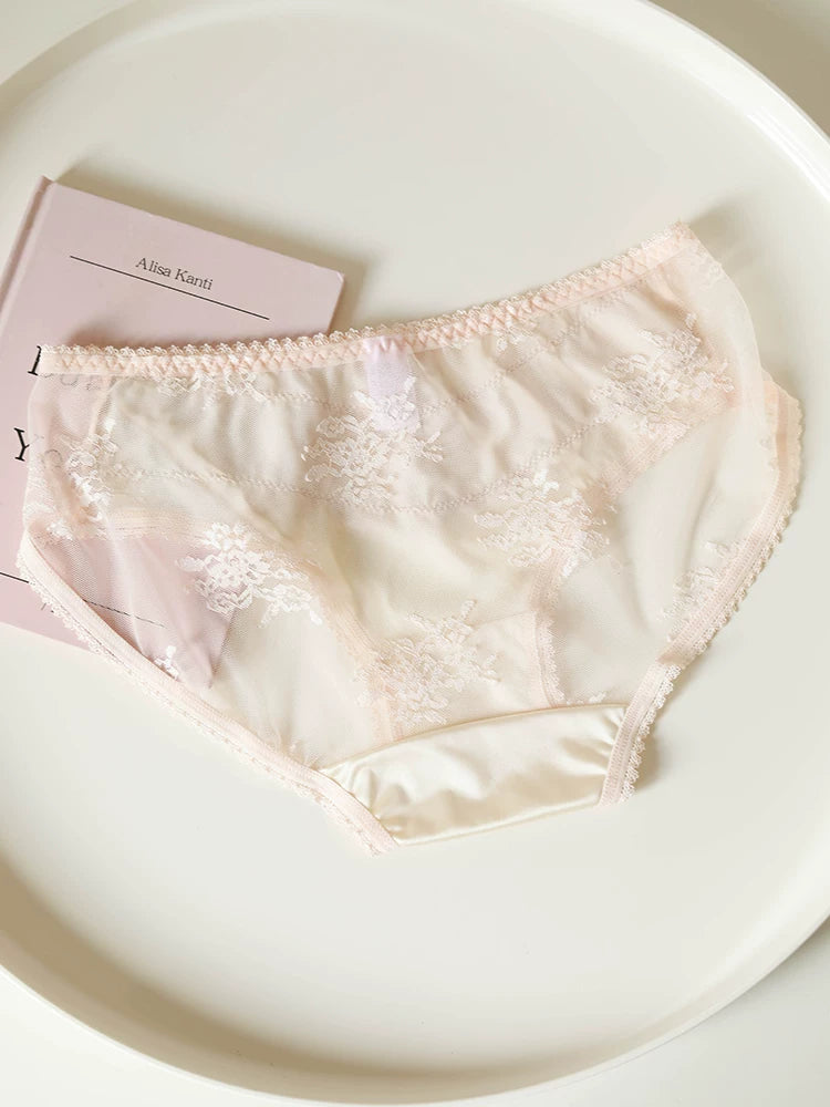 French-Inspired Vintage Panties with Bow Detail and Lace Mesh Trim