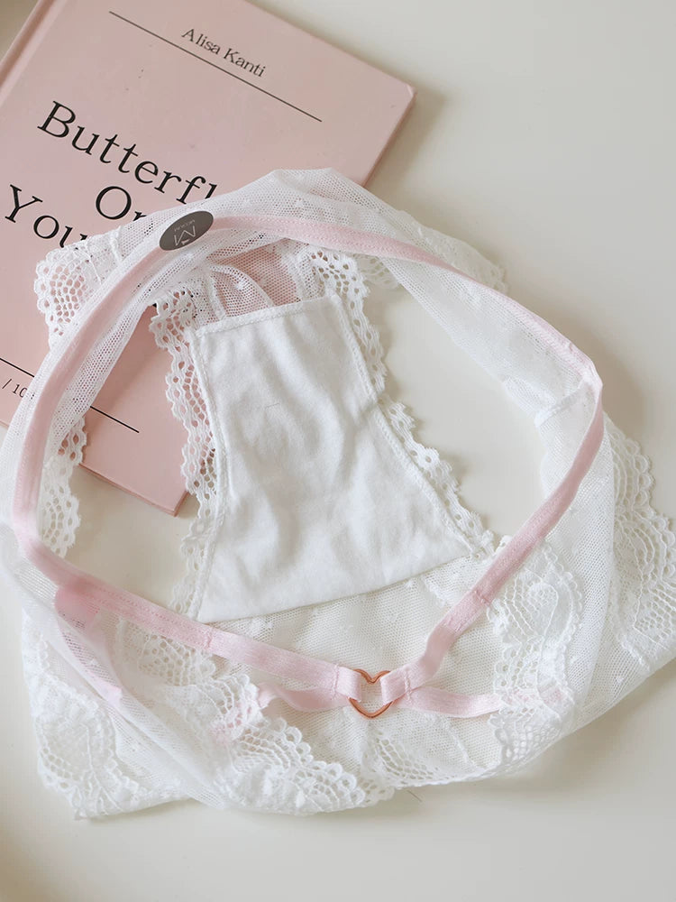 French-Style Lace Panties with Heart Cutout and Mesh Trim