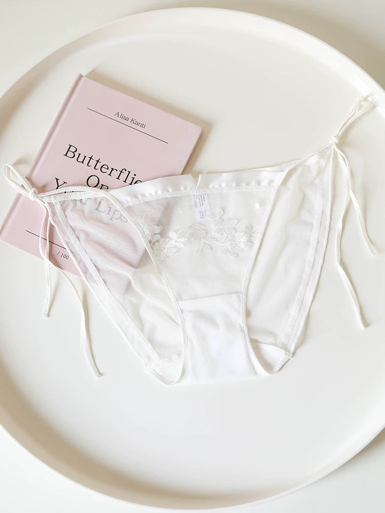 Floral-Inspired Mesh Panties with Tie Sides and Lace Trim