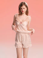Women's Lace Trim Ice Silk Nightgown with Heart Pattern