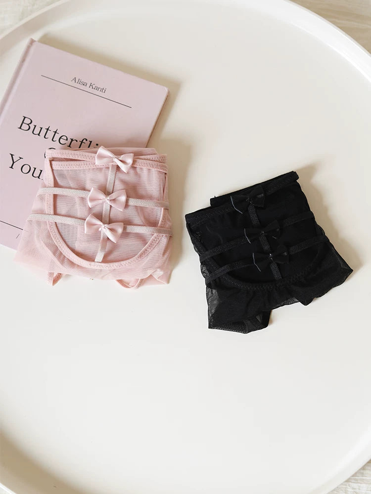 French-Inspired Vintage Mesh Panties with Bow Embroidery and Lace Trim