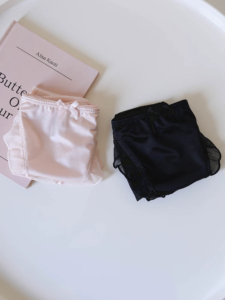French-Inspired Low-Waist Mesh Satin Panties with Ruffle Lace Trim