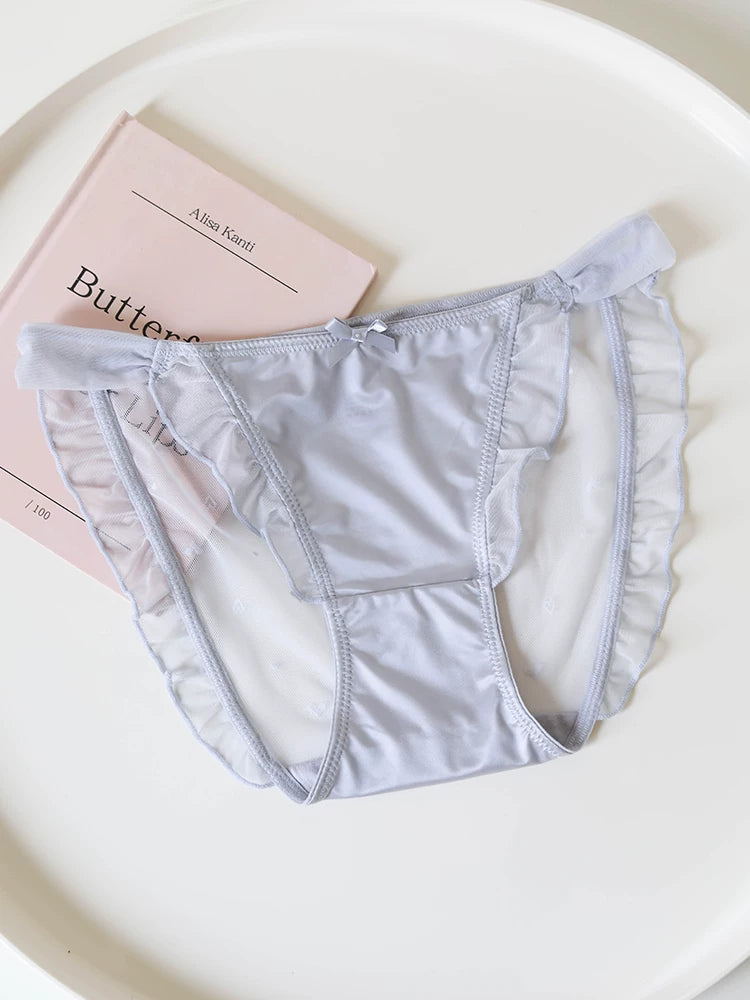French-Inspired Low-Waist Mesh Satin Panties with Ruffle Lace Trim