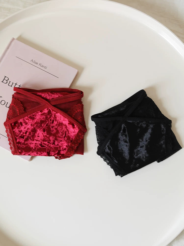 Velvet Mesh Lace Panties with Straps and Cotton Crotch