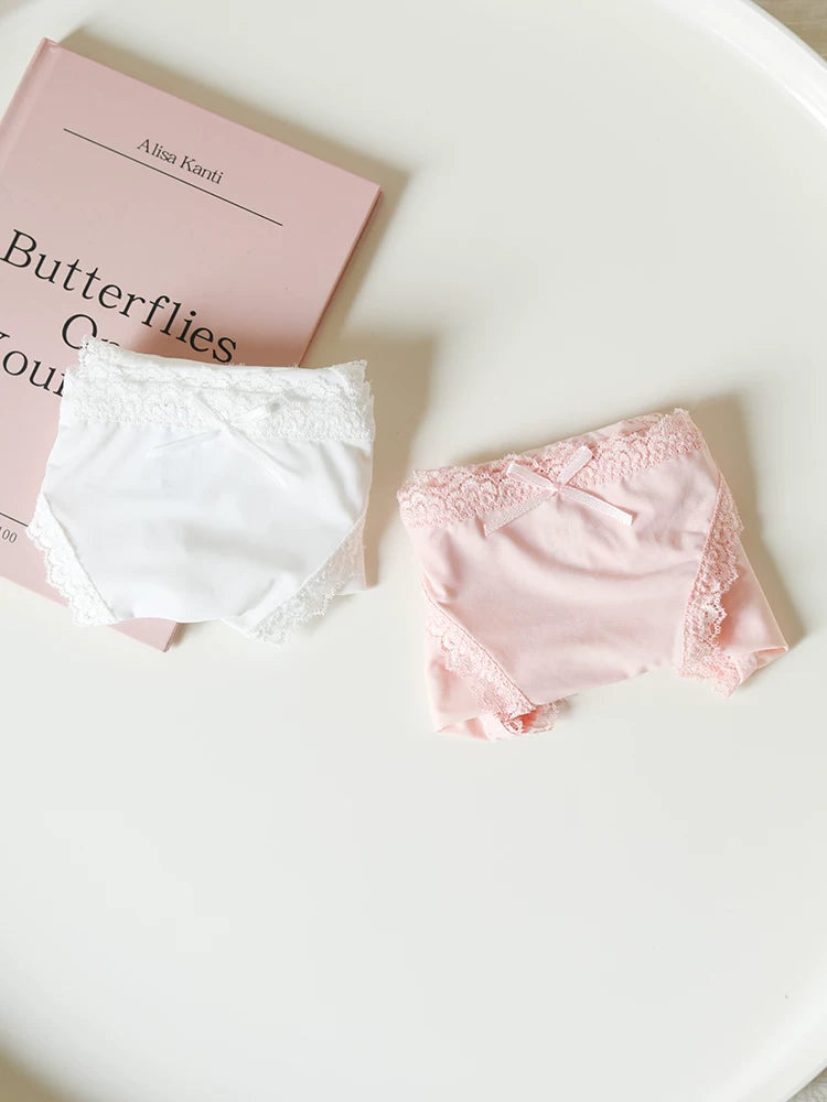 Low-Waist Ice Silk Panties with Bow Tie String and Lace Trim