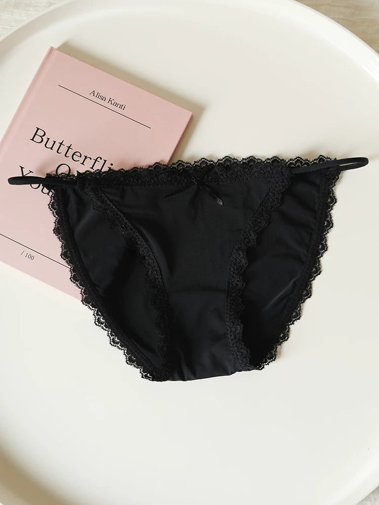 Low-Waist Ice Silk Panties with Bow Tie String and Lace Trim
