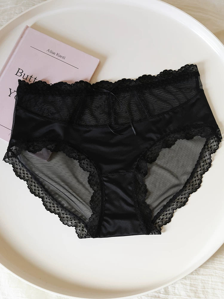 French-Inspired Luxury Silky Satin Panties with Bow and Lace Trim