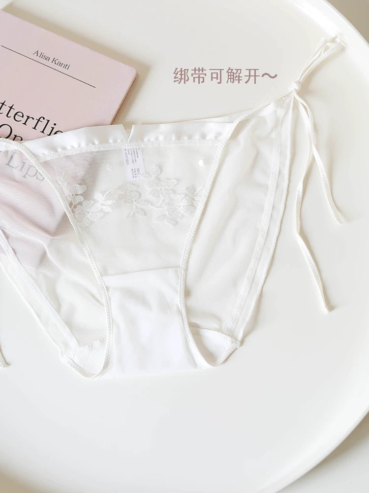 Floral-Inspired Mesh Panties with Tie Sides and Lace Trim