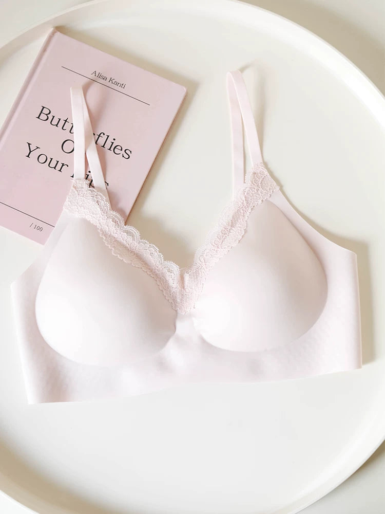 French-Inspired Vintage Pink Bra with Thin Straps and Lace Trim