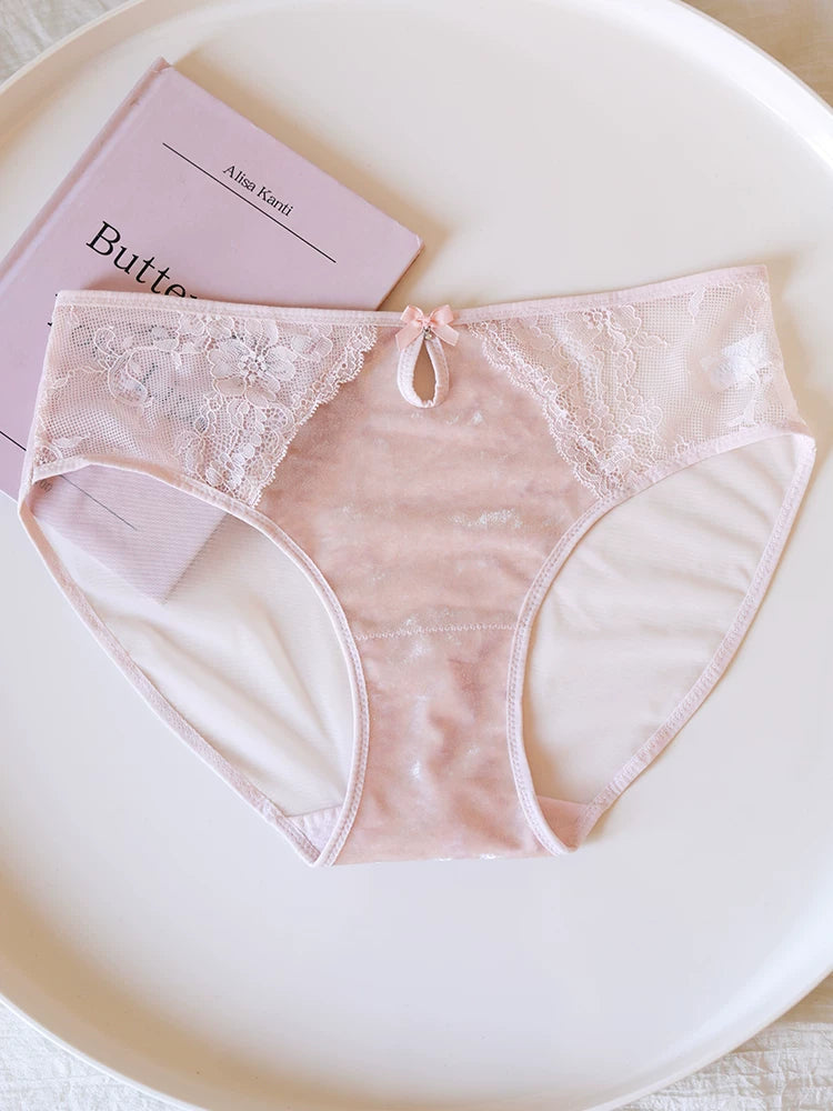 French-Inspired Vintage Mesh Panties with Velvet Bow and Lace Trim