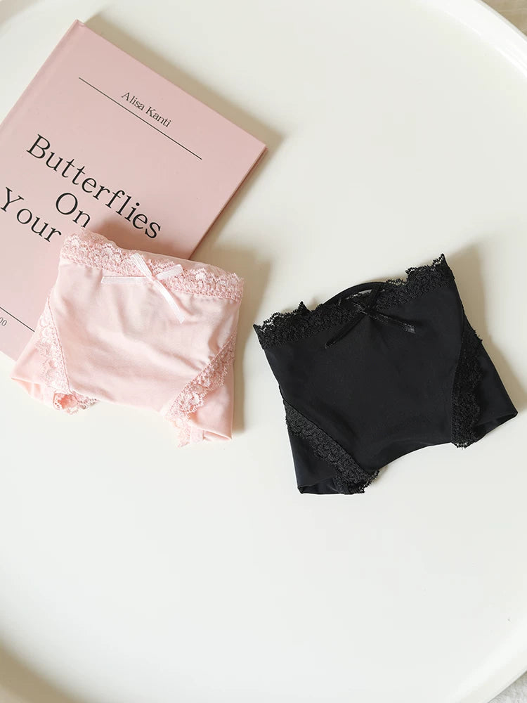Low-Waist Ice Silk Panties with Bow Tie String and Lace Trim