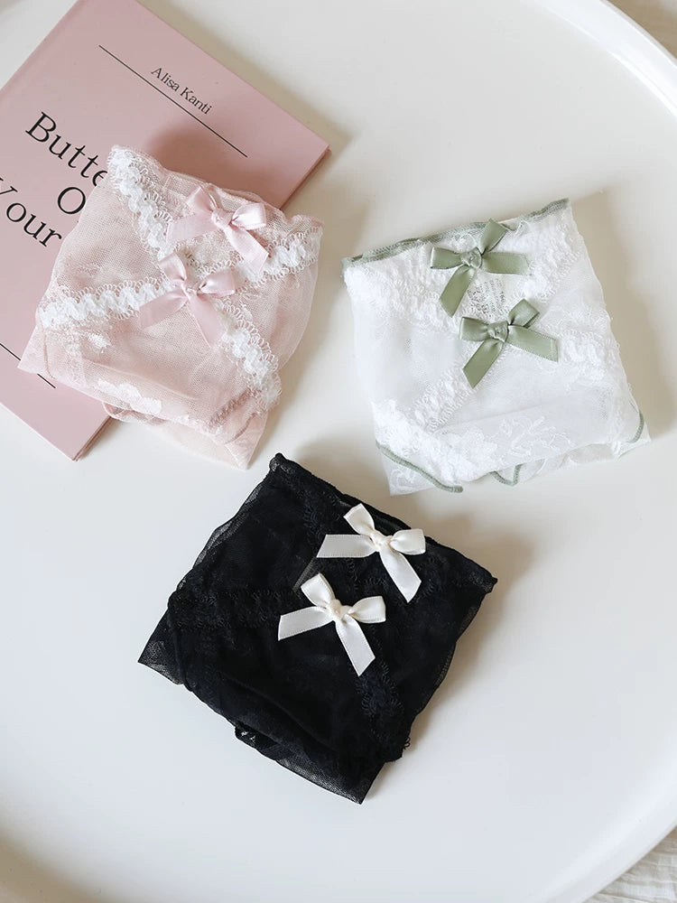 French-Inspired Vintage Mesh Panties with Double Bow and Lace Trim