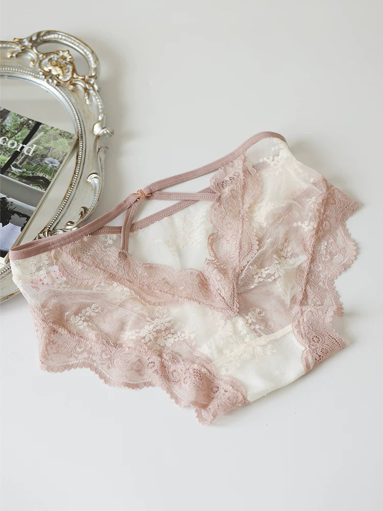 French-Inspired Lace Panties with Mesh Hollow-Out and Pure Cotton Crotch