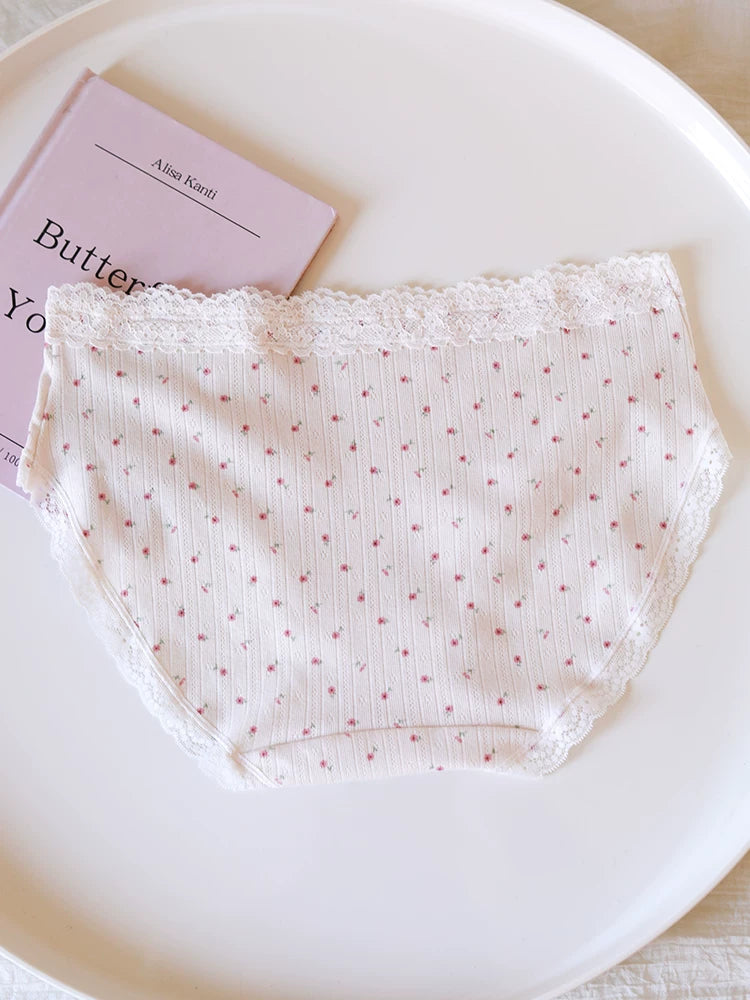 Sweet Floral Bow Lace Trim Pure Cotton Crotch Panties