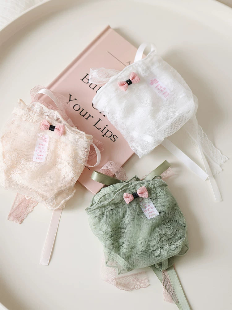 French-Inspired Low-Waist Sheer Mesh Panties with Ribbon Bow and Lace Trim