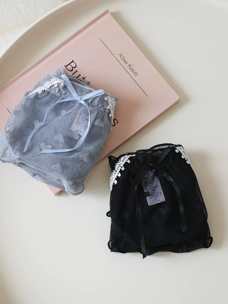 Sweet Heart-Shaped Mesh Panties with Bow and Lace Trim