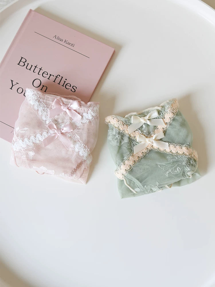 French-Inspired Vintage Mesh Panties with Double Bow and Lace Trim