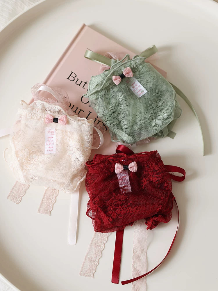 French-Inspired Low-Waist Sheer Mesh Panties with Ribbon Bow and Lace Trim